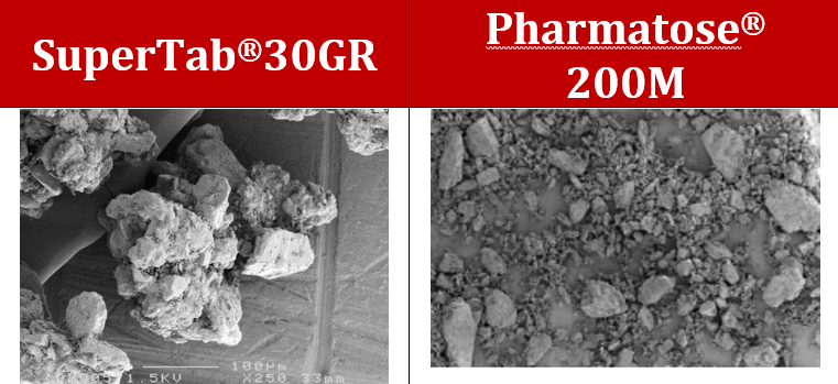 table that shows SEM pictures of SuperTab®30GR and Pharmatose® 200M